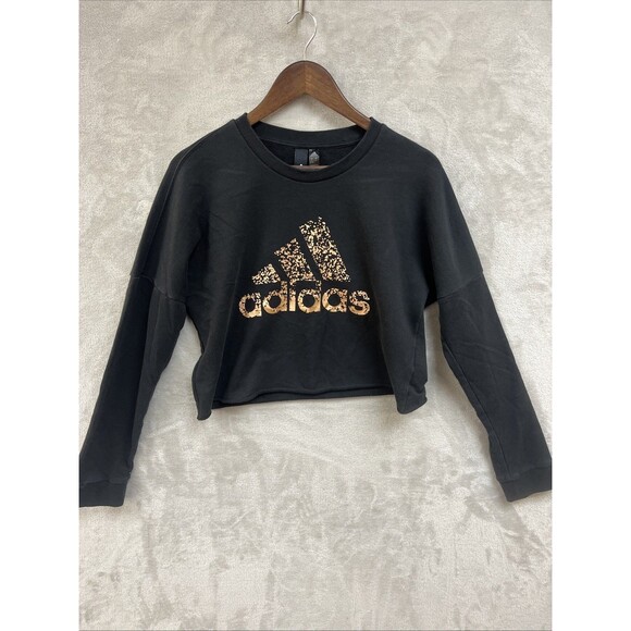 Adidas Cropped Sweatshirt Women’s S Black Graphic Pullover Gold‎ Logo Athletic - Picture 1 of 7